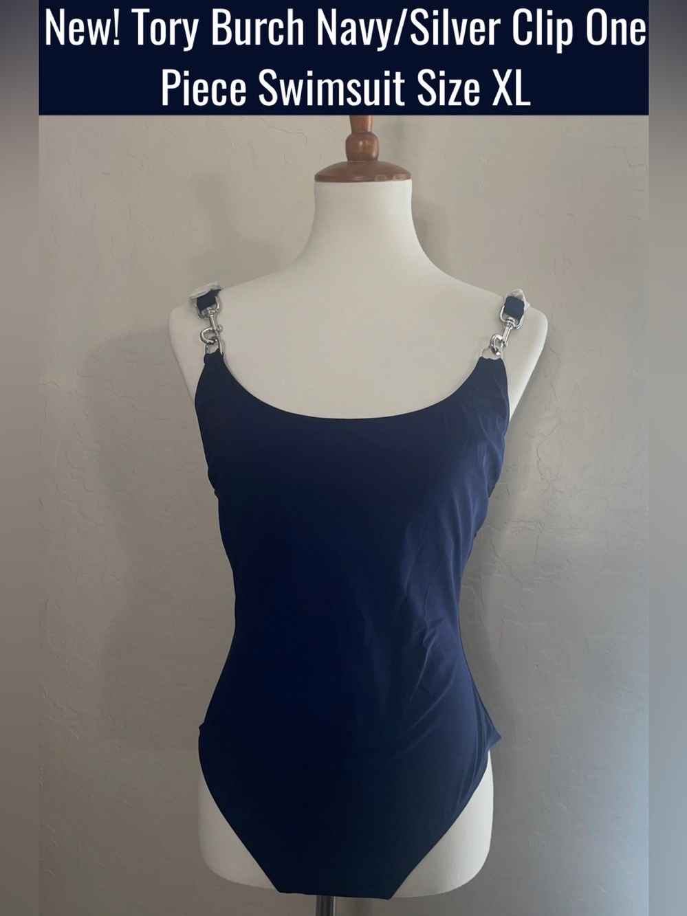 New! Tory Burch Navy/Silver Clip One Piece Swimsuit Size XL-NWT